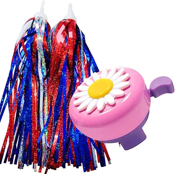 Kids Bike Bell and Streamers for Girls - 1 Pack Flower Bicycle Bell with 2 Pack Bike Streamers for Children's Bike Accessories