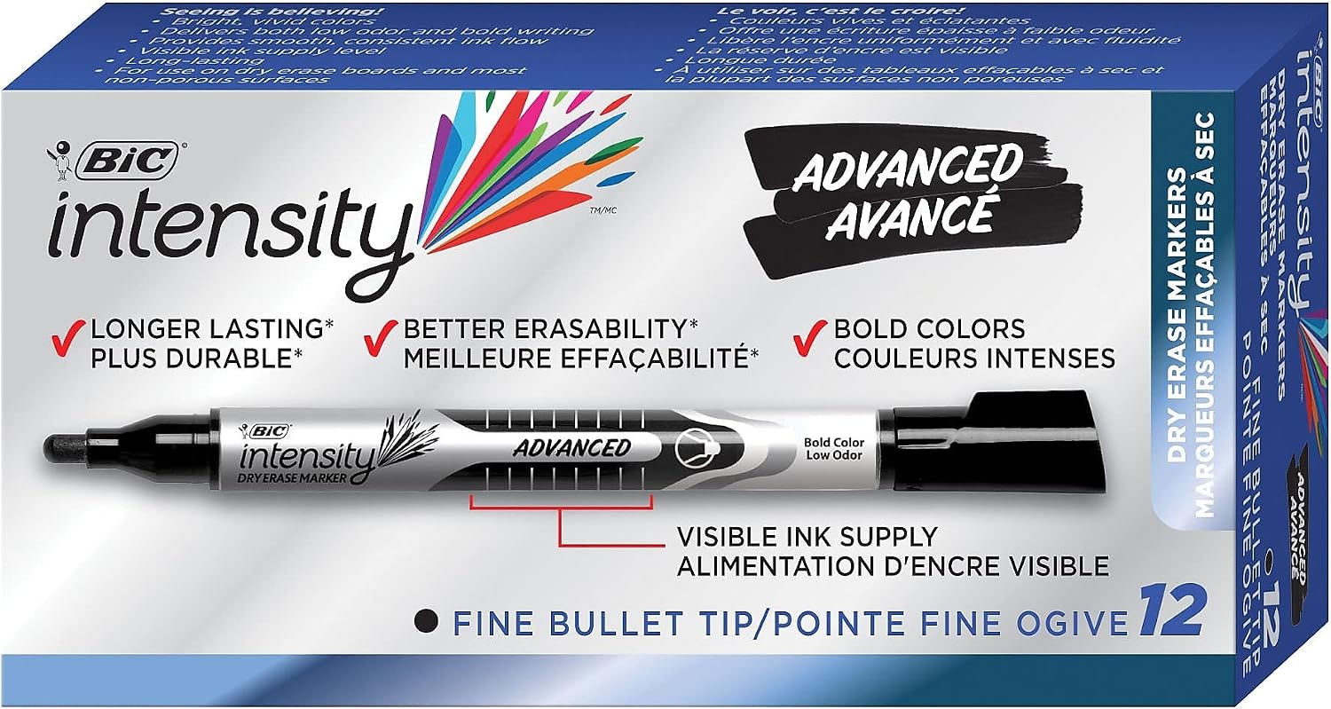 BIC Intensity Advanced Dry Erase Marker, Fine Point, Black, 12 Pack