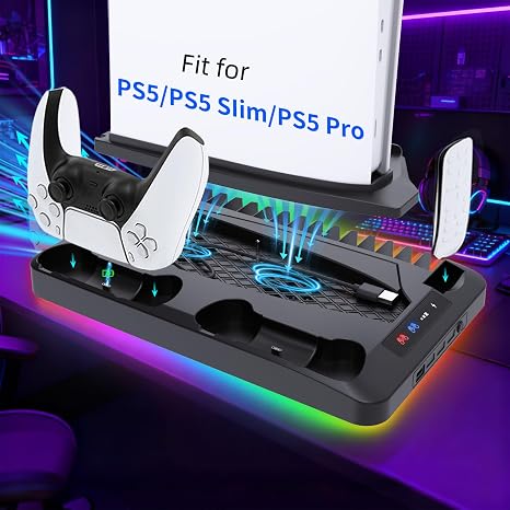 Cooling Station for Ps5/Slim/Pro Disc & Digital Playstation 5 Vertical Stand Organizer with Dual Controller Charger,16 Game Slots,7 Rgb,3 Level Cooler Fan,3 Usb Ports,Headset & Remote Holder (Black)