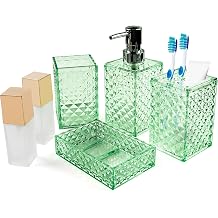 Bathroom Accessories Set, Sage Green Acrylic Bathroom Counter Set with Toothbrush Holder, Soap Dispenser, Tumbler, Soap Dish, Boho Modern Bathroom Accessories Decor, Ideal Gift Choice (Green)