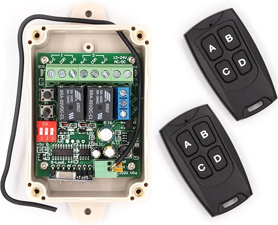 Solidremote 12V - 24V Secure Wireless RF Remote Control Relay Switch Universal 2-Channel Receiver with 2 Transmitters for Garage Door Openers, LED Lights etc (KIT-1)