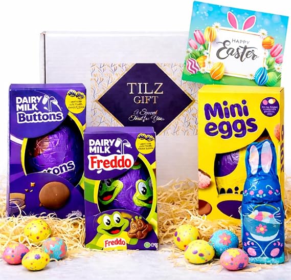 Easter Eggs Chocolate - Easter Eggs Bundle, Easter Hamper Gifts For Kids And Adults, Chocolate Hamper Bundle With Buttons, Freddo, Mini Eggs and Easter Eggs & Bunny Hunt Pack, Tilz Card In Gift Box