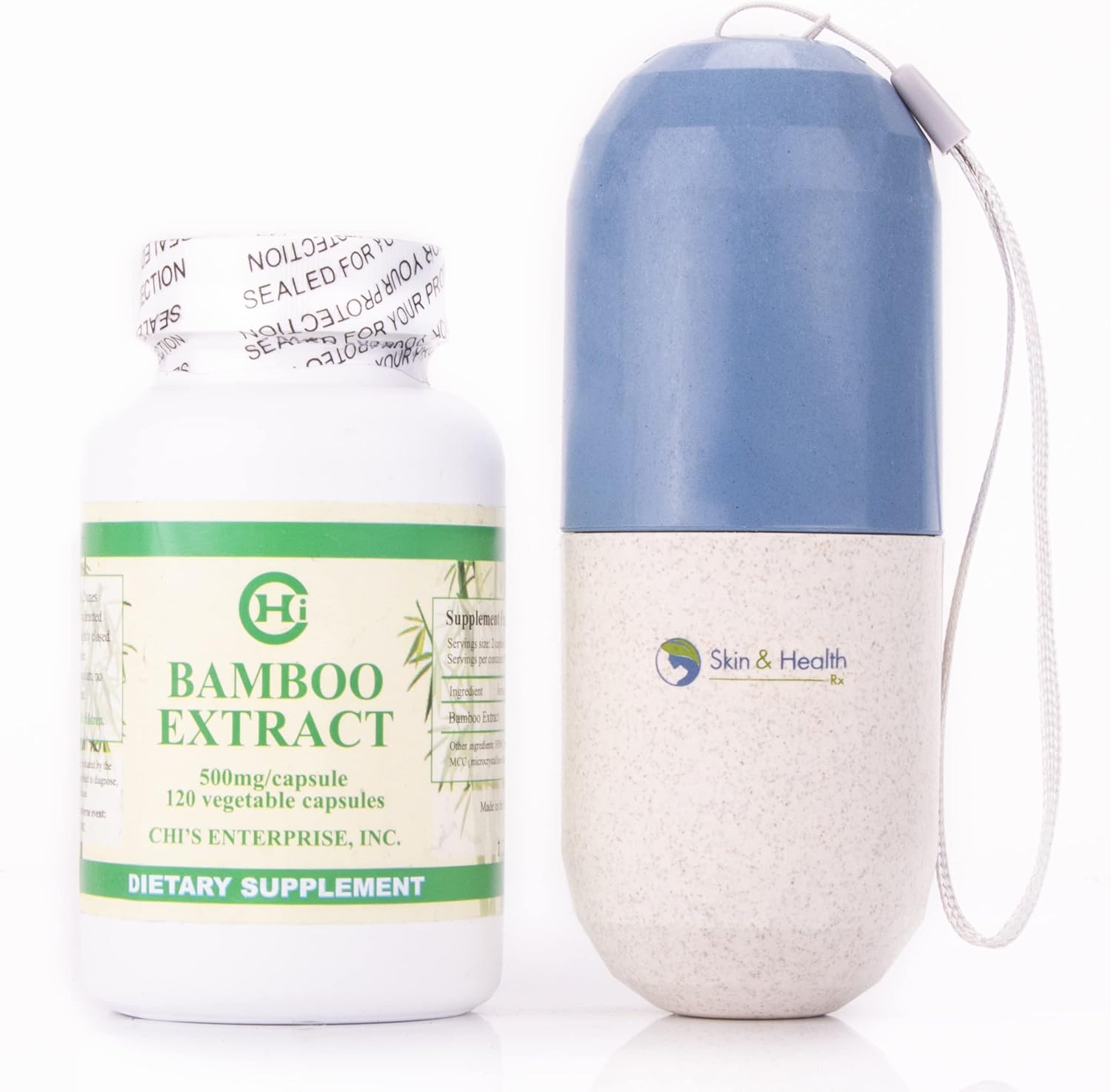 Chis Enterprise Bamboo Extract 500mg , 120 caps, Free Skin and Health Pill Organizer Bundle