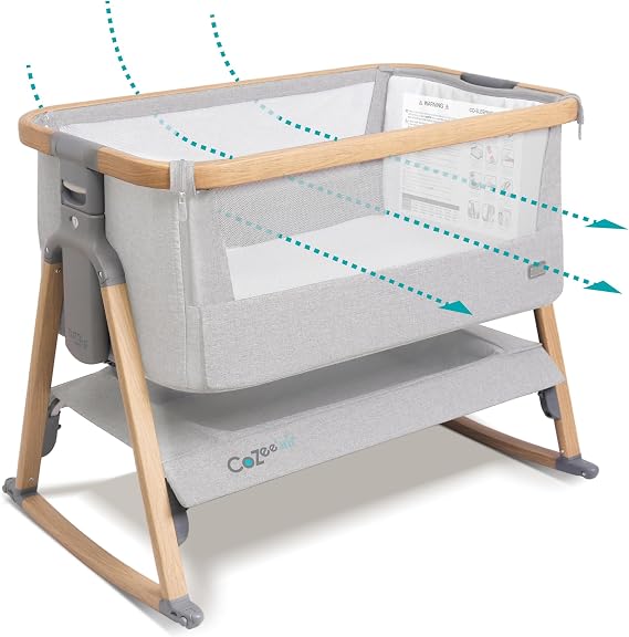 Tutti Bambini CoZee Air Baby Bassinet & Bedside Sleeper - Rocking Bassinet for Baby, Fast-Folding with Travel Bag, Deluxe Airflow Mattress & 6 Mattress Heights, 0-6 Months (Silver & Oak)