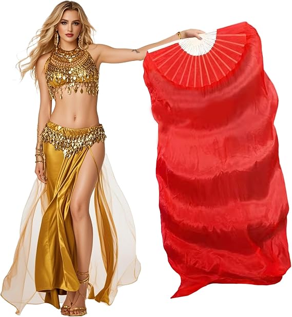 Women Belly Dance Fan for Beginners,180x90cm Faux Silk Fan (Right Hand Only),Flowing Veil Fan for Practice&Performance