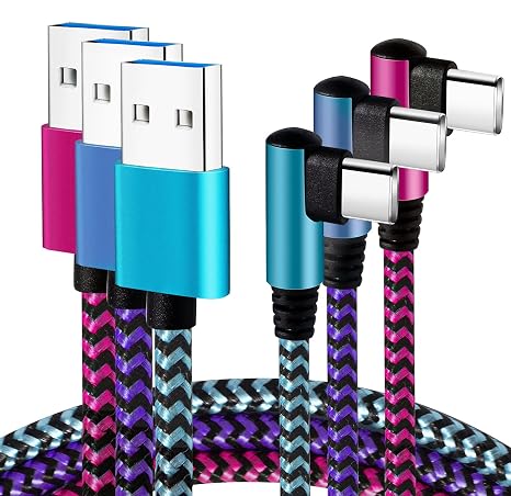 USB C Cable 6ft 3Pack, 90 Degree Right Angle Nylon Braided Cord | 2.1A Fast Charging Type C Cable with Durable Nylon Braided Design, Compatible with Samsung Galaxy S23 S22 S21 S20 S9 Note 10