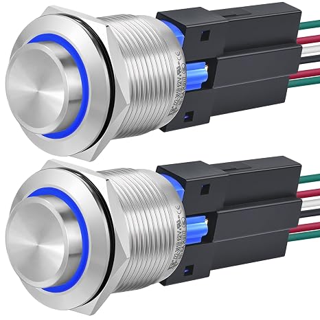 UL Listed 22mm Push Button Switch Latching High Round Waterproof IP67 On Off Stainless Steel 304 with 110V-120V AC LED Light for 7/8" with Wire 2Pcs.