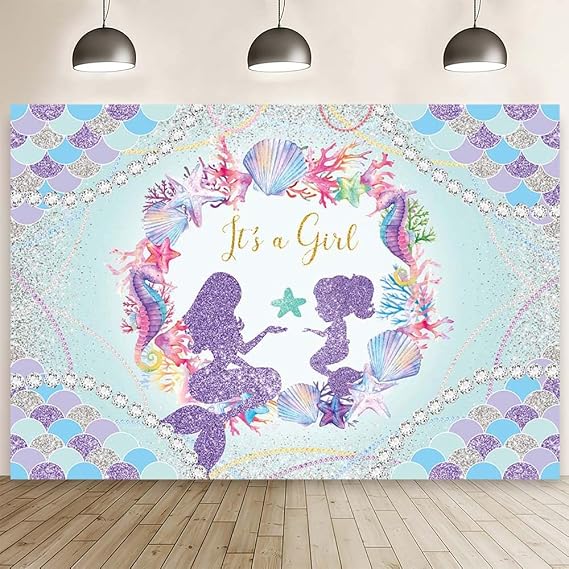 MEHOFOND 7x5ft Mermaid Baby Shower Backdrop for Girls It's a Girl Baby Shower Photography Background Mermaid Scales Pearl Baby Gender Reveal Party Cake Smash Photo Studio Props
