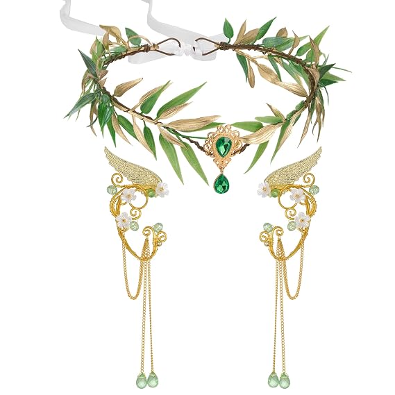 SWEETV Fairy Flower Hairband with Elf Ears, Halloween Fairy Headpiece for Women, Leaf Elf Circlet with Wings Cuff Earrings, Leaf Hairband Set for Photoshoot Cosplay Party