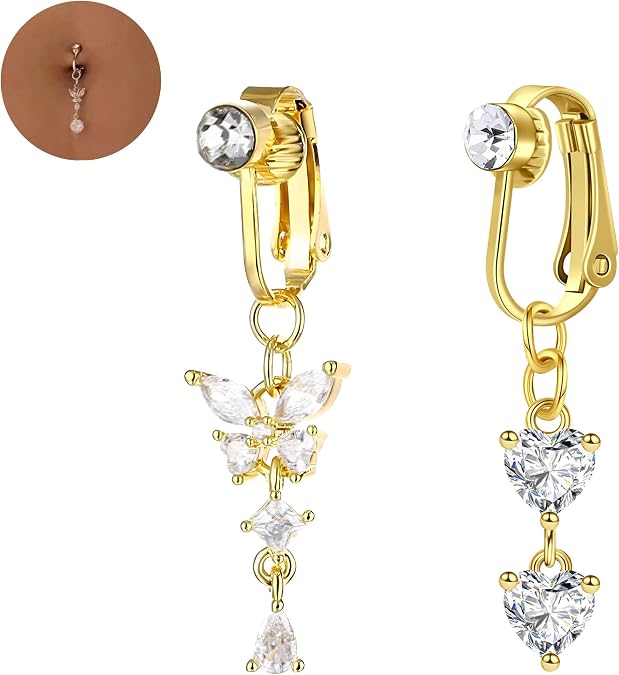 2PCS Belly Piercing Clip On Butterfly Heart Fake Belly Button Rings CZ Dangle