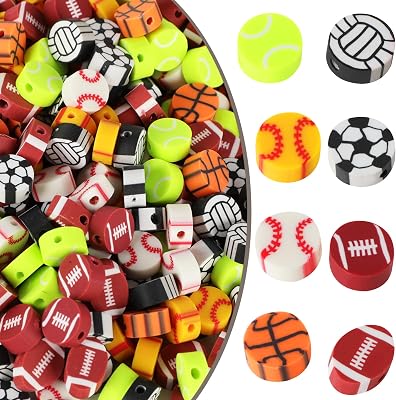 400 Pcs Sports Beads for DIY Jewelry Bracelet, Sports Polymer Clay Beads, Baseball Basketball Soccer Rugby Volleyball Football Beads