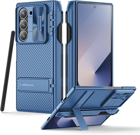 Nillkin Samsung Galaxy Z Fold 6 Case with S Pen Holder & Hinge Protection [Hidden Kickstand] [Slide Camera Cover] CamShield Pro Slim Protective Case for Galaxy Z Fold 6 5G (Blue)