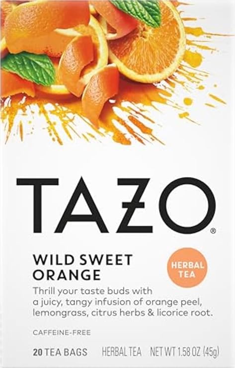 TAZO Wild Sweet Orange Herbal Tea Bags 20-Count Caffeine Free Unsweetened Hot Tea with Orange Peel Lemongrass Citrus Herbs Licorice Root Natural Flavors Non-GMO Kosher