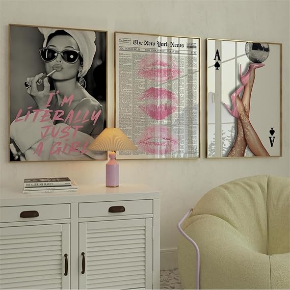 JORCEDI 3pc Pink Vogue Posters,Retro Y2k Pink High Heels, Lips, Hot Girly Lips Preppy for Living Room, Bedroom, Dressing Room Poster, Canvas Decorative Painting,No Unframed (30 * 40cm)