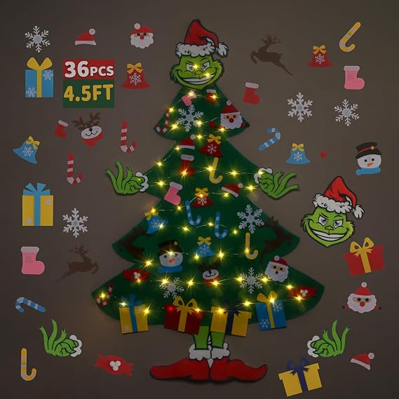 GameXcel 4.5ft Felt Christmas Tree for Toddlers with LED Light & 37pcs Ornaments, Montessori DIY Xmas Decorations - 4.5 Feet