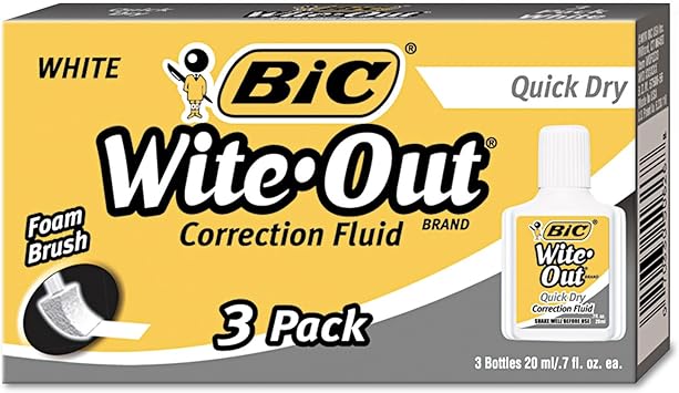 BIC Wite-Out Quick Dry Correction Fluid, 20 mL, White, Goes On Easy With A Reduced Dry Time, 3-Count Pack