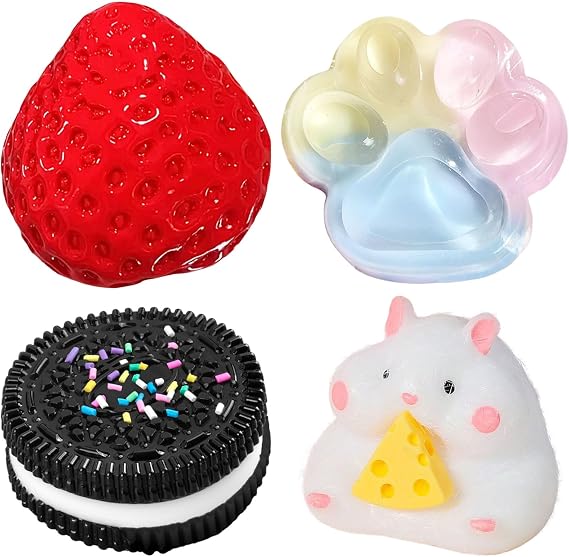 SSKHE 4Pcs Taba Squishy Set,Strawberry + Hamster + Cat Paw + Hamster, Fufu Squishy Squeeze Toy Squishes Kit for Stress Relief Sensory Play Fidget Gifts for Children or Adults