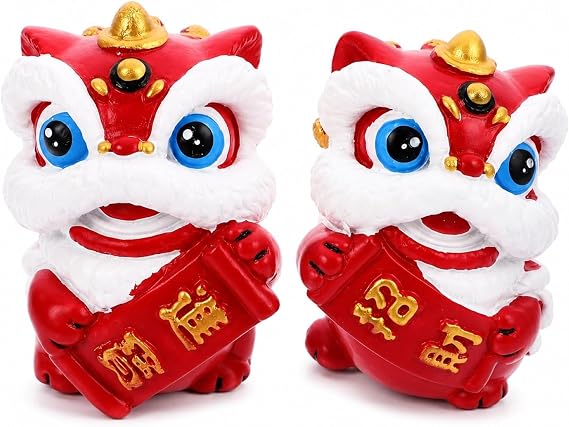 LOGOFUN 2PCS Lion Dance Figurine Chinese Lion Dance Model Red Chinese Style Waking Lion for New Year Home Tabletop Decor