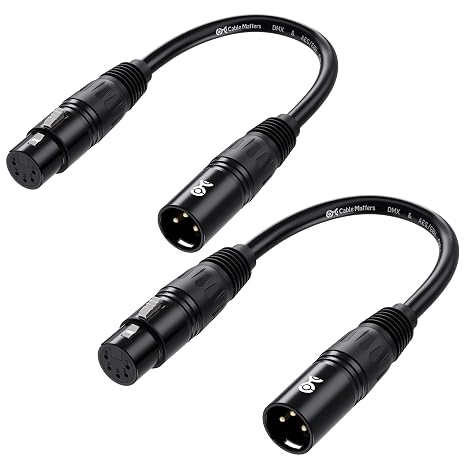 Cable Matters 2-Pack 3 Pin to 5 Pin DMX Lighting Cable, 6 Inches | 3Pin Male to 5Pin Female XLR/DMX Adapter Cable, Black