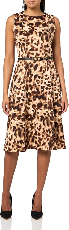 HALSTON Women's Sleeveless High Neck Belted Scuba Dress