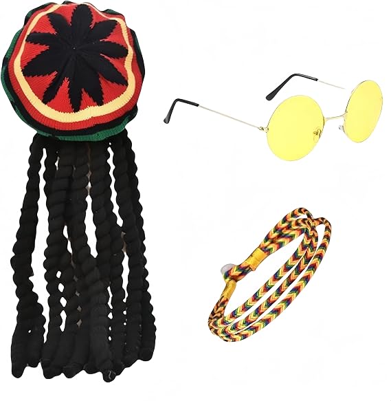 Rasta Set,Authentic Jamaican Dreadlocks Wig Hat, Yellow Glasses & Braided Bracelet for Parties, Cosplay & Masquerade