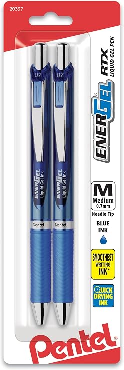 Pentel Gel Ink Pen, EnerGel RTX Retractable Gel Pen, 0.7mm, Needle Tip, Blue Ink, 2 Pack (BLN77BP2C)