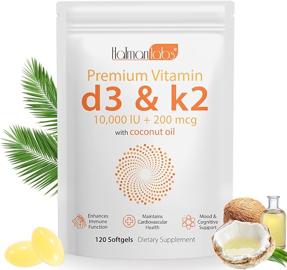 Vitamin D3 K2 Supplement Softgel, Vitamin D3 K2 Softgel with 10000 IU Supports Immune, Heart, Teeth & Bone Health, Gluten, Soy, 120 Softgels