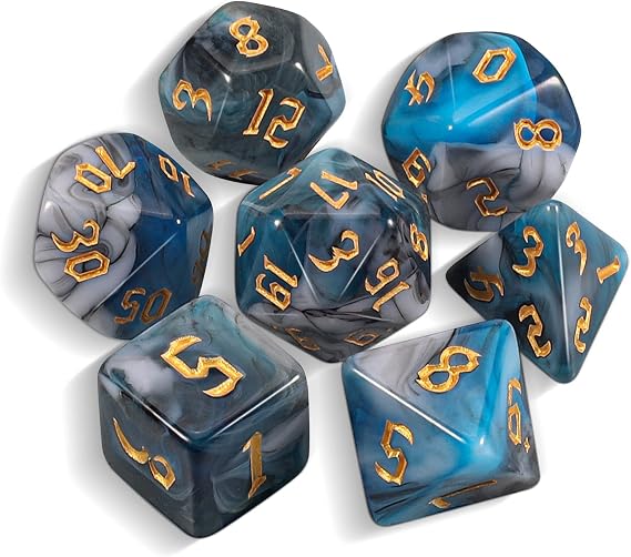 QMAY Polyhedral Game Dice - 7 Pieces Dice (Cyan with White with Black)
