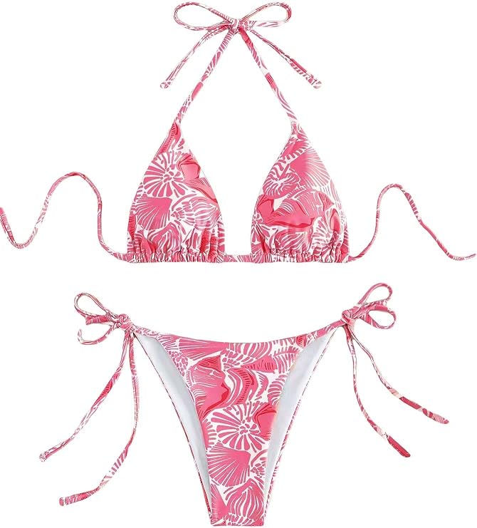 Women's High Waisted Bathing Suit Allover Floral Print Triangle Halter Swimsuit Bikini Set 2 Piece