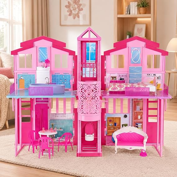 Dreamy Doll House, Dollhouse Playhouse with Large Rooms & Big Furnitures, Including Elevator, Foldable Dolls House Toys Gifts for Girls Kids Ages 3+