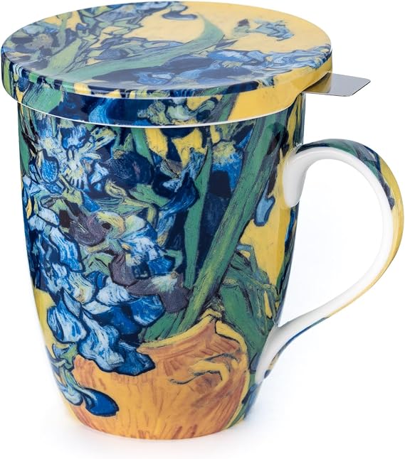 McIntosh Van Gogh Irises Fine Bone China (15 oz) Tea Mug with Lid and Infuser in Matching Gift Box