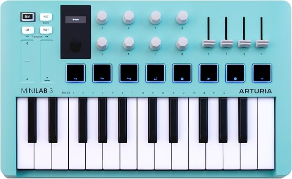 Arturia MiniLab 3-25 Key USB MIDI Keyboard Controller With 8 Multi-Color Drum Pads, 8 Knobs and Music Production Software Included, Aquamarine