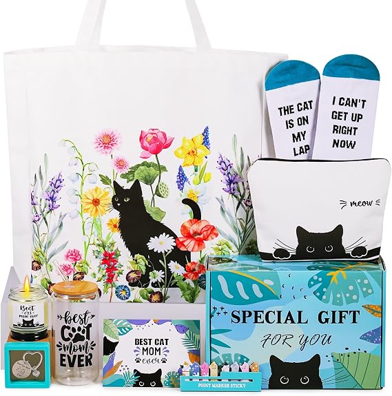 Cat Lovers Gifts for Women, Cat Mom Themed Gift Thinking of You Gifts for Her Birthday Christmas with Glass Cup, Soy Wax Candle, Canvas Tote and Makeup Bag, Ready Gift for Cats Lady Box