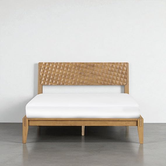 NTC Sapa Solid Wood Bed Frame with 3D Carved Headboard, Japanese Joinery, No Box Spring Needed, Silent slats, Easy Assembly Queen Teak Look
