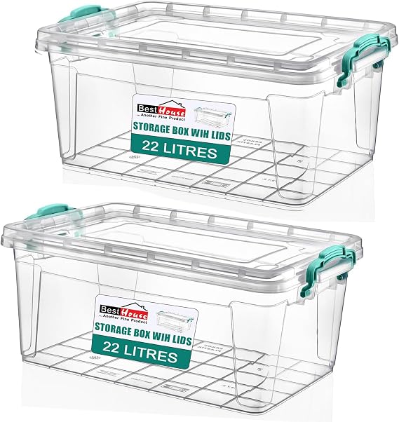 Best House| Plastic Storage Box with Clips & Lid |Size 22L (L:49.2cm W:32.5cm H:21cm)|Set of 2|Rectangle|Stackable Clear Durable Multipurpose Office Home Kitchen Tools Versatile(MEDIUM Size)-22 Litres