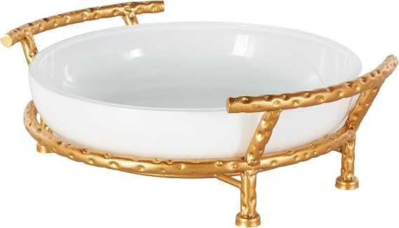 Deco 79 Tempered Glass Kitchen Serving Bowl with Gold Metal Stand, 15" x 12" x 5", White