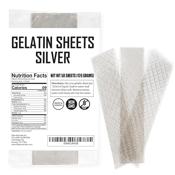 Silver Gelatin Sheets 50 Count 126g, Clear Unflavored Leaves for Baking | For Desserts 170 Bloom Strength Product of Germany Easy to Use for Mousses, Cheesecakes, Gummies, Panna Cotta & More