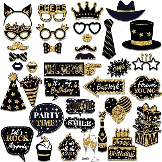 Pack of 36 Photo Props Photo Booth Props Cake Decoration Birthday Funny Party Decoration Black Gold Photo Booth Props Party Gadgets Party Accessories for Boys Girls Birthday Party Decoration