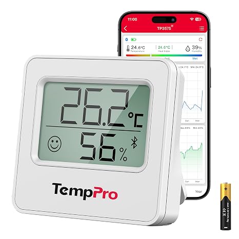ThermoPro TP357 260FT Bluetooth Higrometre, Uzaktan Sıcaklık ve Nem Monitörü ve Akıllı APP ile, Maksimum ve Min Kayıtlı Sıcaklık ve Nem Sensörü Ölçer, Gümüş