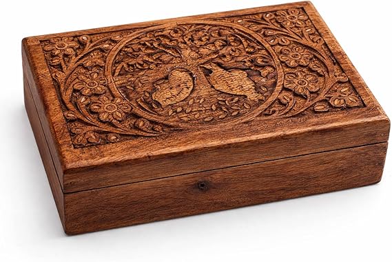 Handmade Wooden Jewelry & Keepsake Box, Decorative Storage Box, 8 x 5 Inch | Antique finish, strong hinges, stores trinkets, photos, ticket stubs, watches, keys, coins, home decor accent & gift idea