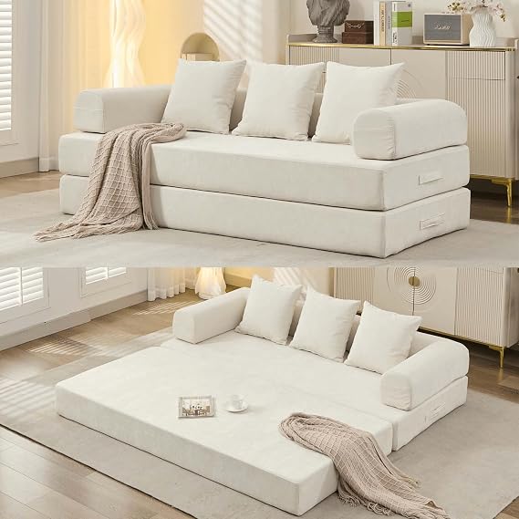 Convertible Sleeper Sofa Bed with Pillow, 4-in-1 Modular Chenille Folding Mattress Couch with Armrest, Futon Fold Out Floor Sofa Cama Lounge Couch for Living Room Bedroom Studio (Beige)