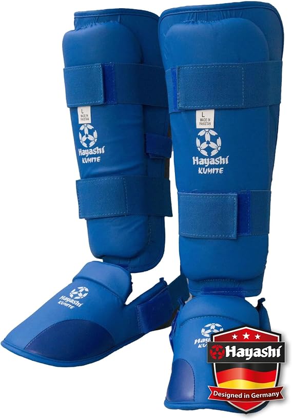 Hayashi Karate Shin Guard and Instep Guard Set - Ergonomic Kumite Leg Guards for Training & Sparring - Shock-Absorbing Moulded Foam Padding & Reinforced Front