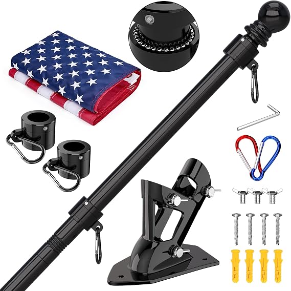 ZMTECH 5FT Flag Pole with Proud American Flag-Upgraded Tangle Free Rings and Bracket 1'' Stainless Steel Flag Poles with Holder for Outside House, Residential or Commerical (Black)