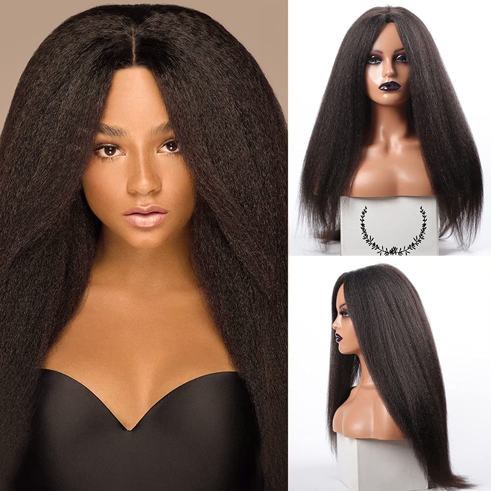 Kinky Straight Wigs for Black Women Afro Curly Medium Part Yaki Wig No Lace Glueless Synthetic Easy to Wear Wig Simulation Scalp Wig 25inchNatural Black 2#