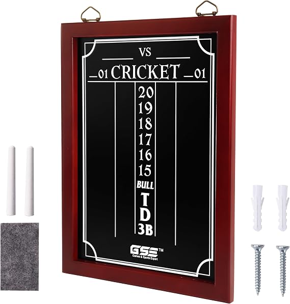 GSE Chalk Dart Scoreboard for Dartboard Cricket & 01 Games | Solid Pine Wood, 6 Dart Storage Holes, Easy Writing & Erasing, Chalk, Wipe, Wall Mount Hardware Included, Standard/ Large