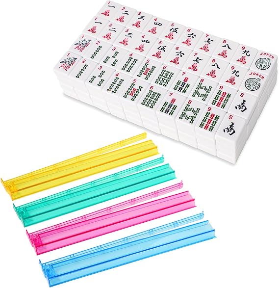 American Mahjong Game Set, 166 White Tiles with 4 All-in-One Color Rack/Pushers