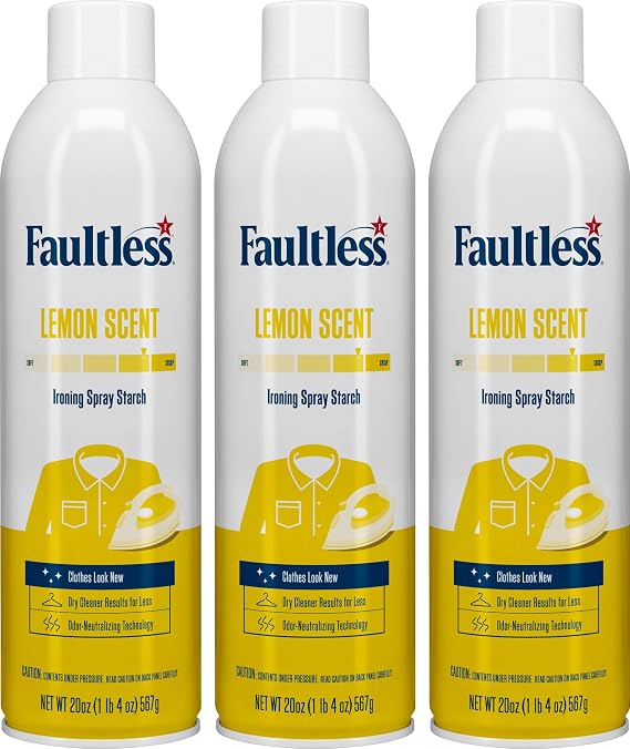 Faultless Lemon Laundry Starch Spray, Lemon Scented Starch 20 oz Cans for a Smooth Iron Glide on Clothes & Fabric Even Spray, Easy Iron Glide, No Reside (Pack of 3)