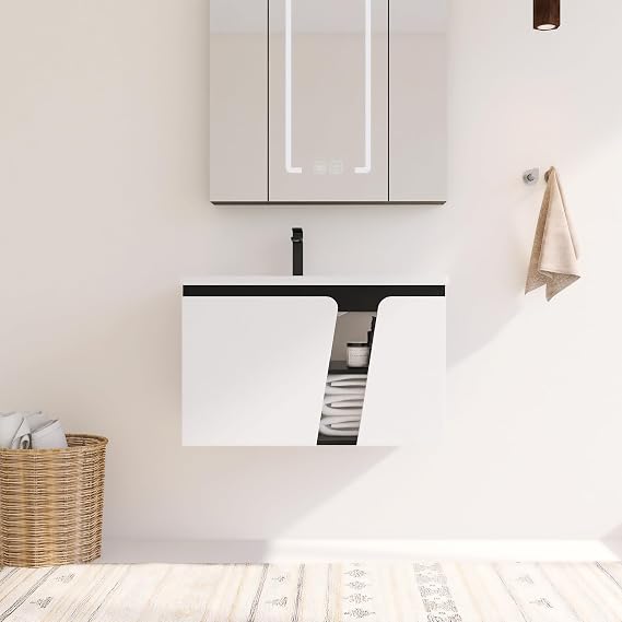 32 Inch Bathroom Vanity with Sink, 32" Floating Bathroom Vanity, Plywood Wooden Cabinet with Soft Close Doors, Modern Wall Mounted Cabinet Set, Ceramic Sink Included
