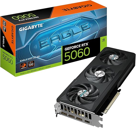 Gigabyte GeForce RTX 5060 EAGLE MAX OC 8G Graphics Card - 8GB GDDR7, 128bit, PCI-E 5.0, 2550 MHz Core Clock, 3 x DisplayPort, 1 x HDMI, NVIDIA DLSS 4, GV-N5060EAGLEMAX OC-8GD 1.0