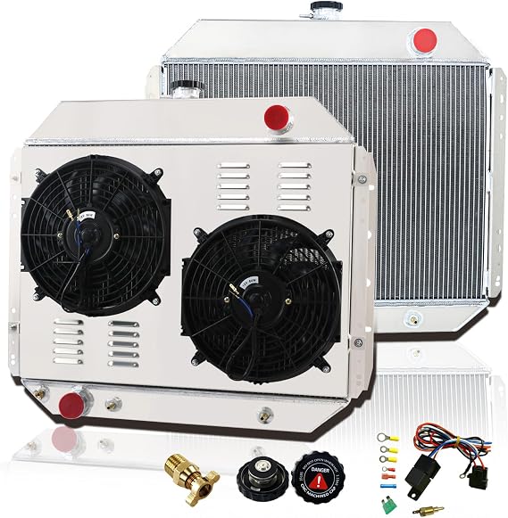 4列 全アルミニウムラジエーター+2x12インチファン シュラウド付き フォード F100 F150 F250 F350 ピックアップブロコン1966-1979用